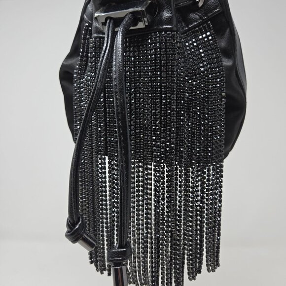 Aldo Mackie Black Faux Leather Bucket Bag Rhinestone Fringe Festival Party - Picture 4 of 13
